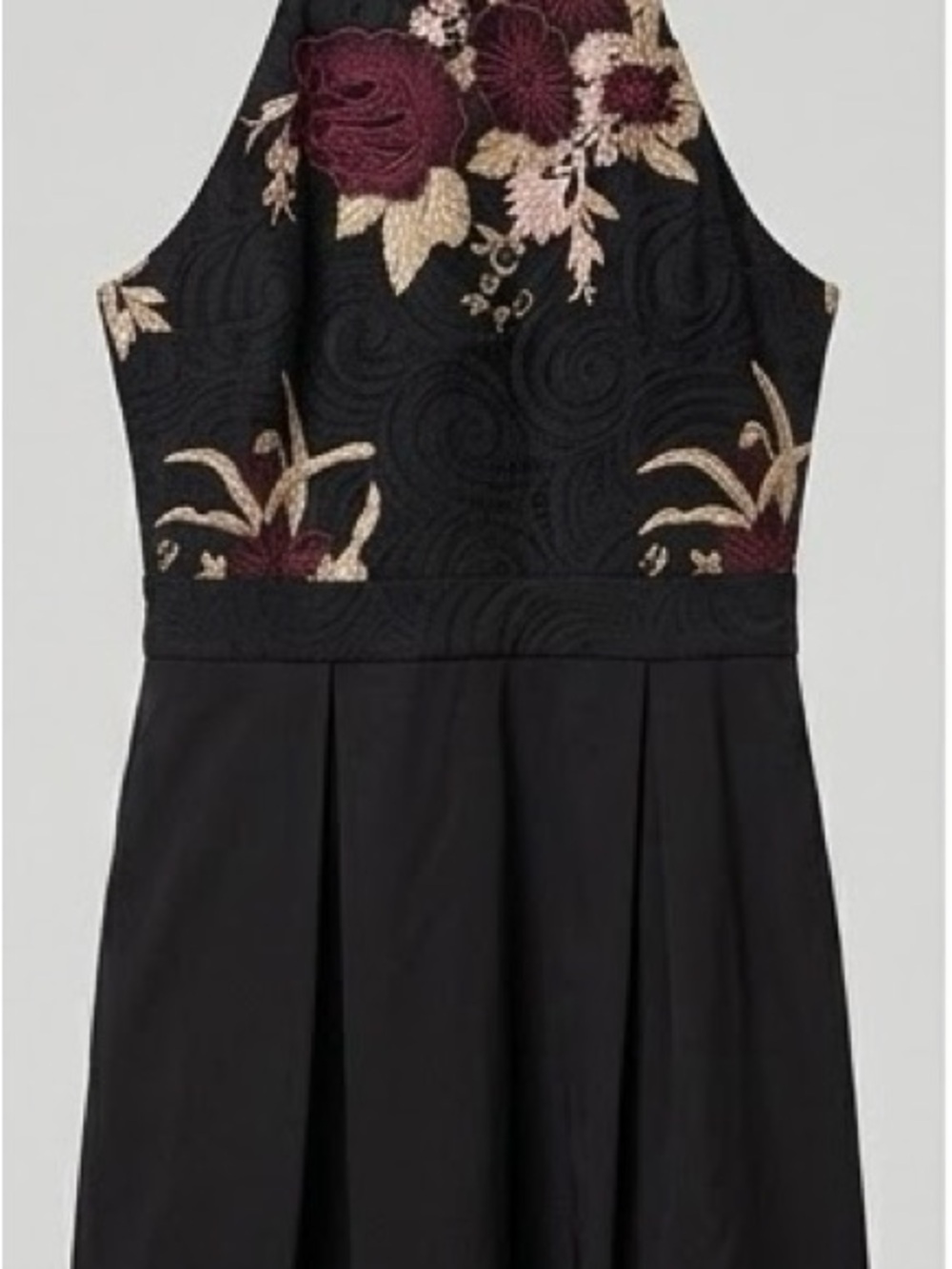 le chateau Black Midi Dress with Burgundy and Cream Floral Embroidery